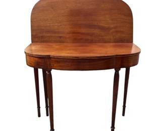 Period Sheraton mahogany bow front game table with fluted legs and inlay