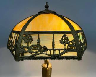Vintage metal, slag glass lamp