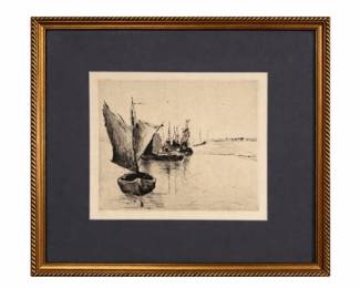 Framed etching "Sailboats on the Beach" P.H. Ohmert