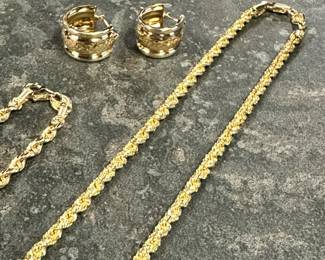14K Gold Rope Chain Necklace, Bracelet  Earrings 18 grams