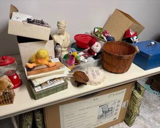 Christmas ornaments, decorations, 6 foot lighted christmas tree, sewing basket and sewing supplies