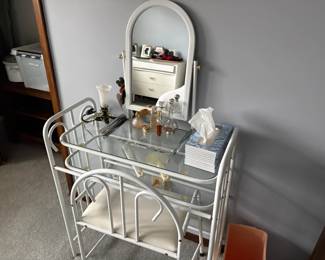dressing table and chair - white metal and glass