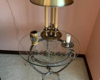glass and iron side table and brass lamp