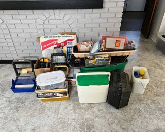 cooler, window fan, work lights, tools