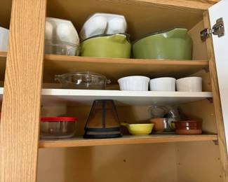 olive glass nesting bowls with covers, corningware