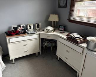 vintage white dresser and corner desk set - 3 pieces. White wood with gold trim (circa 1960). White wood canapy bed also available (frame and headboard and canopy) full size