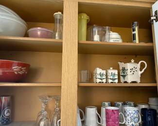 tea pot with creamer and sugar, bowls, vintage stemware wine glasses