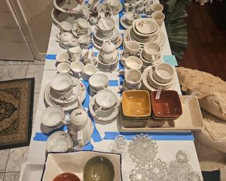 All these are Rose and moss tea sets. A large set of really cool Syracuse China that were used in railroad dining cars in the 30's,40's, and 50's. A few smaller complete sets and mix-n-match items.