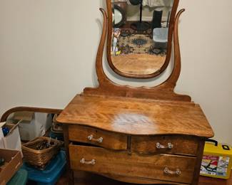 Vintage serpentine mirrored vanity. Total height 60"-ish, lower cabinet is 29" tall, about 40" wide, and 21" deep.