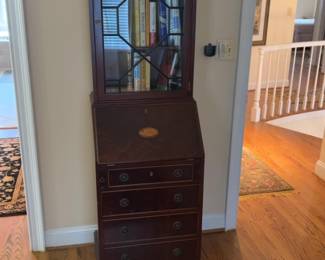 Vintage Mahogany Secretary Desk with Glass Display Hutch - 6’3” H