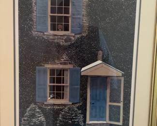 Framed Print of a Stone House with Blue Shutters - 3’2” H x 2’4” W