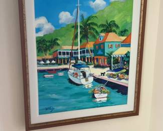 Original Julie Kelly Framed Tropical Coastal Harbor Painting