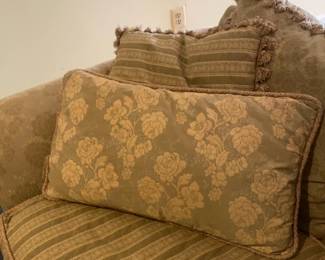 Classic Gold Damask and Striped Rolled Arm Sofa