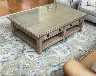 Rustic Oak Coffee Table with Glass Top and Storage Drawers