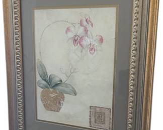 Framed Floral Watercolor Print with Ornate Gold and Silver Frame - 2 available
