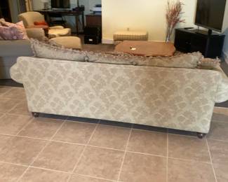 Classic Gold Damask and Striped Rolled Arm Sofa