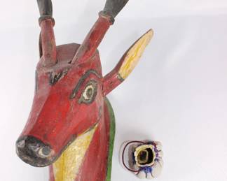 Carved Painted Animal Wall Mount And Small Ceramic Pouch