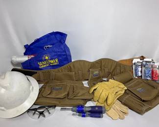 Work Gear Lot: Tool Belt, Hard Hat, Gloves, Rope, Tools & More