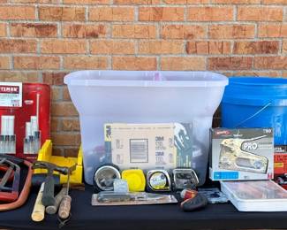 Large Tool & Garage Lot W/ Bin, Hand Tools, Drill & Accessories