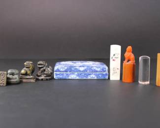 Chinese Style Carved Seals, Chop Stamps & Porcelain Ink Box Lot
