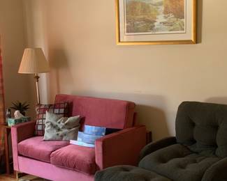 MCM Style Love Seat, Side Chair with Ottoman, Signed Larry Dodson Artist Proof.  