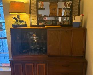 Broyhill mid-century walnut hutch. Glass, cane, drawers, and cabinet storage