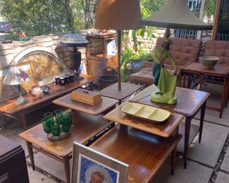 Lane Acclaim 1960s walnut table set, stamped and dated, including rare boomerang table, coffee table, 2 step end tables, and side table.