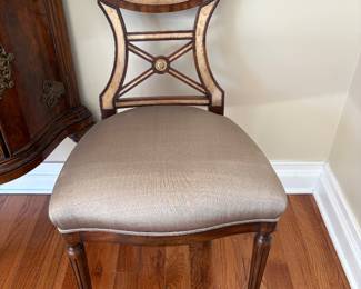 Theodore Alexander Eglomise Empire style side chairs with an oval back with silvered eglomise decoration and a dorado veneered frame (8 available)