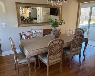 Silver and whitewashed French style dining table, 4 matching shield backed chairs, French country style bench with ivory cushion