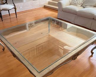 Large square Louis XV style coffee table with glass top, silver and gold finish