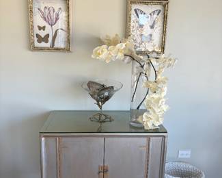 Silver painted chest and pretty floral pictures 