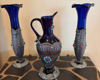 Turkish cobalt glass pitchers, vases and glasses inset with silver and turquoise