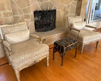 Pair of Louis XVI style armchairs, ivory with silver and gold accents