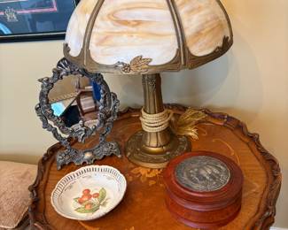 Very pretty Italian inlaid side table and an antique style stained glass lamp