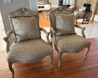 Pair of Louis XV style armchairs with scroll details and white wash finish with ivory and beige upholstery 
