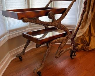 1980s Brutalist figural bar cart with mirrored shelves in the style of Salvino Marsura 