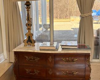 Bombe chest with bronze mounts and a white marble top