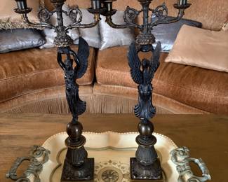 A pair of Regency style 4 arm candelabra with Winged Victory