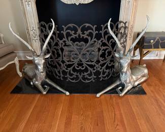 Pair of large silver colored metal deer sculptures, Middle Eastern/Indian style