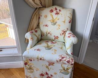 A pair of sweet little armchairs covered beautiful orchid fabric