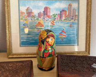 Local Artist Ann West sailboats painting, Russian nesting doll, carved boxes