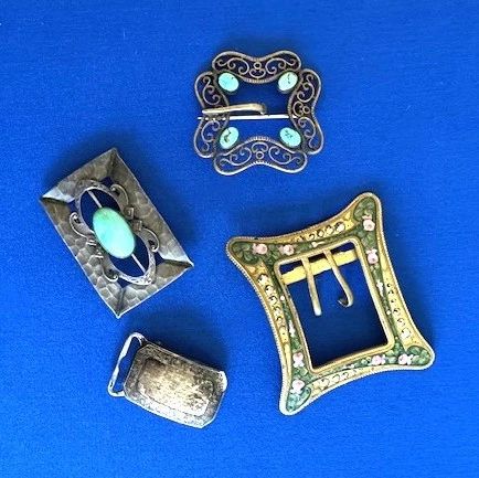 Vintage Belt Buckles including Art Nouveau styles, enamel and floral motifs.