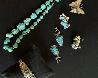 Vintage Sterling bracelets, earrings and turquoise bracelet.