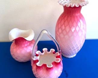 Antique Pink Satin Diamond Quilted Pink blown glass.