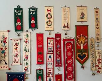 Vintage Scandinavian Christmas Bell pulls, featuring traditional cross-stitch.
