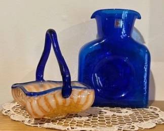 Vintage Blenko Cobalt Blue Water Bottle and hand-blown American art glass.