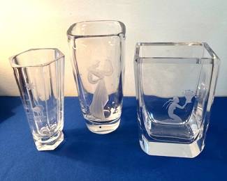 Orrefors Sven Palmqvist etched vases.