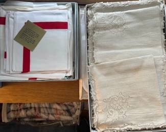 Large collection of linen tablecloths, napkins, etc. including lace, cutout, embroidered, linen, etc.