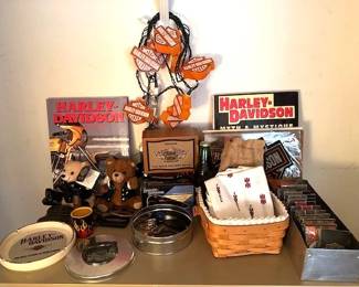 Collection of various Harley-Davidson branded collectibles.