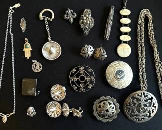 Collection of antique Sterling silver and vintage jewelry and decorative items.